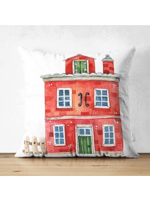 Real Homes Minyatür Kırmızı Ev Çizimli Dijital Baskılı Dekoratif Süet Yastık Kırlent Kılıfı