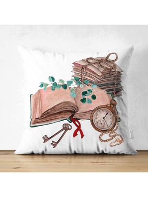 Real Homes Özel Tasarım Kitap Temalı Dijital Baskılı Modern Süet Yastık Kırlent Kılıfı