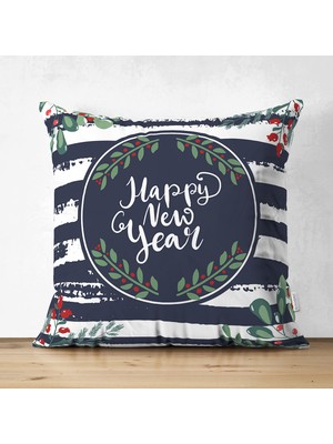 Real Homes Lacivert Çizgili Happy New Year Motifli Dijital Baskılı Modern Süet Yastık Kırlent Kılıfı