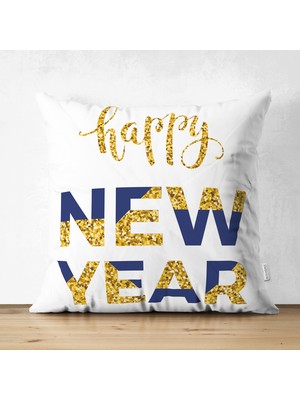 Real Homes Beyaz Zemin Gold & Lacivert Happy New Year Çizimli Dijital Baskılı Modern Süet Kırlent Kılıfı
