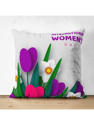 Real Homes Özel Tasarım Women' Day Çiçek Desenli Dijital Baskılı Modern Süet Yastık Kırlent Kılıfı
