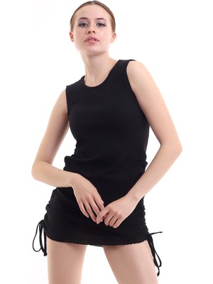 Cotton Mood 21252438 Kalın Fitilli Eteği Biyeli Kolsuz Elbise Siyah