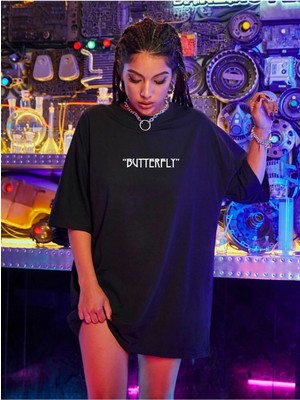 Millionaire Kadın Siyah Butterfly Oversize T-Shirt