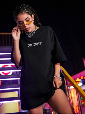 Millionaire Kadın Siyah Butterfly Oversize T-Shirt