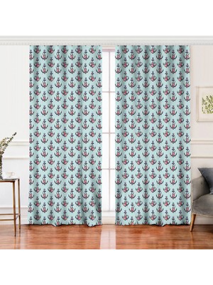 Real Homes Çift Kanat Mint Yeşili Zemin Çapa Tasarımlı Dijital Baskılı Modern Fon Perde