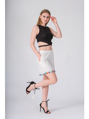 Narina Şile Bezi Kumaşından Pamuklu Etnik Tarzda Beli Lastikli Kısa Şort