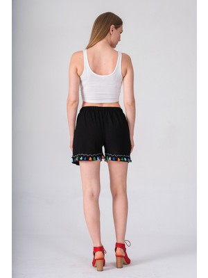 Narina Şile Bezi Kumaşından Pamuklu Etnik Tarzda Beli Lastikli Kısa Şort