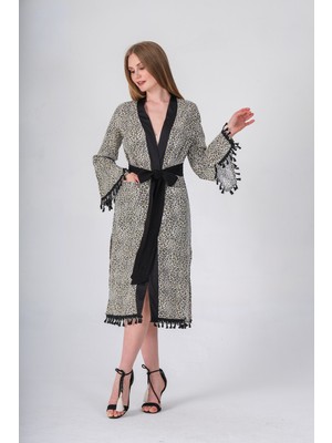 Narina Şile Bezi Kumaştan Leopar Desenli Pamuklu Kimono Püskül Detaylı Uzun Pareo ve Plaj Elbisesi