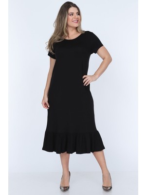 Modayız Siyah Fırfırlı Büyük Beden T-Shirt Elbise Klasik Stil 11B-0703