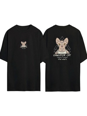 Unisex Gangster Cat Siyah Oversize Tshirt