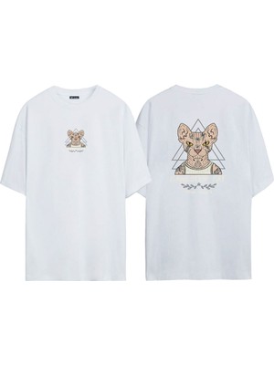 Unisex Gangster Cat Beyaz Oversize Tshirt