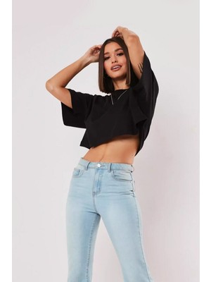 Siyah %100 Pamuk Bisiklet Yaka Crop T-Shirt
