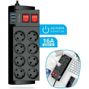 Isıya Dayanıklı Termal Akım Korumalı 8'li Uzatma Kablosu 3 Adet Usb'li