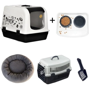 Maxi Kedi Tuvalet Kabı Simit Yatak, Taşıma Kabı ve Mama Kabı Seti