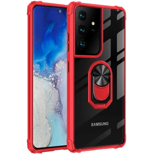 Mobaxaksesuar Samsung Galaxy S21 Ultra Kılıf Şeffaf Sararmaz Yüzüklü Mola Kapak Kırmızı