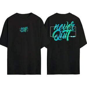 Unisex Never Quit Baskılı Siyah Oversize T-Shirt