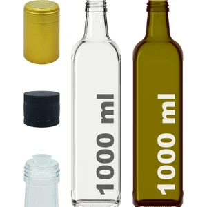 1000 cc Şeffaf ve Yeşil Maraska Yağdanlık Kapaklı ve Kapüşonlu 1000 ml Köşeli Cam Şişe 2 Adet