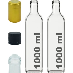 1000 cc Şeffaf Maraska Yağdanlık Kapaklı ve Kapüşonlu 1000 ml Köşeli Cam Şişe 2 Adet