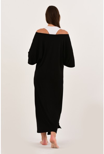 Gusto Siyah Beyaz Yırtmaçlı Ikili Maxi Elbise