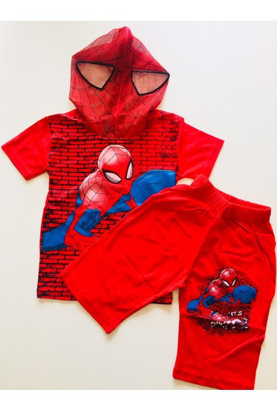 Gaga Örümcek Adam Spiderman Maskeli Kapri Şort Tshirt Eşofman Takımı Kostüm Duv