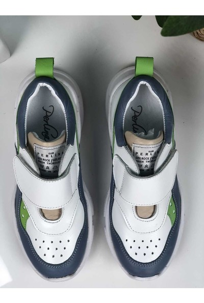 Perlina Çocuk Hakiki Deri Cırtlı Ayakkabı Beyaz-Yeşil