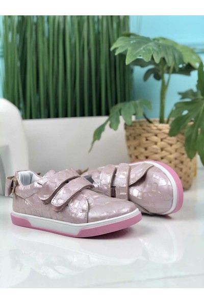 Perlina Çocuk Hakiki Deri Cırtlı Fiyonk Detay Ayakkabı Pembe