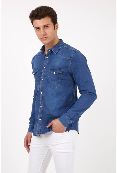 Serseri Jeans Mavi Koyu Renk Çıt Çıt Düğmeli Çift Cep Kot Gömlek