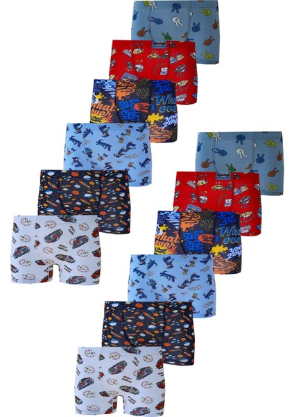 12LI Erkek Çocuk Renkli Desenli Baskılı Boxer Külot modelleri