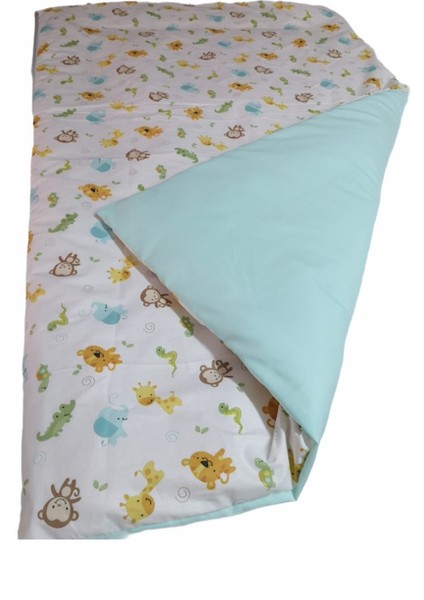 100X150 cm Pamuklu Kumaştan Bebek Yorganı (Safari Hayvanları Desen/mint Yeşil)