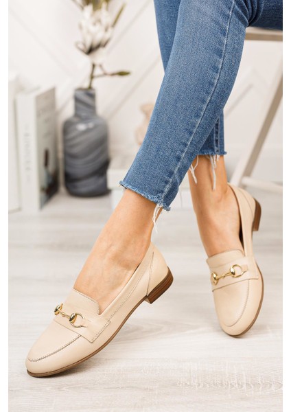 Hakiki Deri Bej Kadın Deri Loafer TRC58-2001