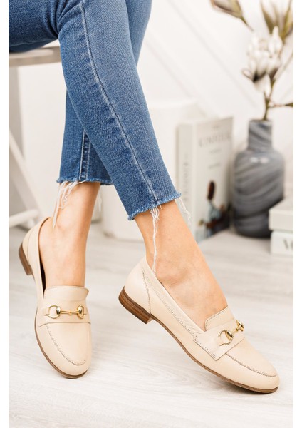 Hakiki Deri Bej Kadın Deri Loafer TRC58-2001 modelleri