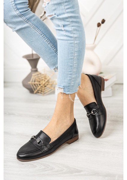 Hakiki Deri Siyah Kadın Deri Loafer TRC58-2001
