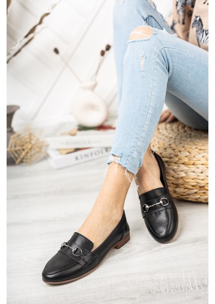 Hakiki Deri Siyah Kadın Deri Loafer TRC58-2001 modelleri