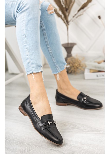 Hakiki Deri Siyah Kadın Deri Loafer TRC58-2001 fırsatları