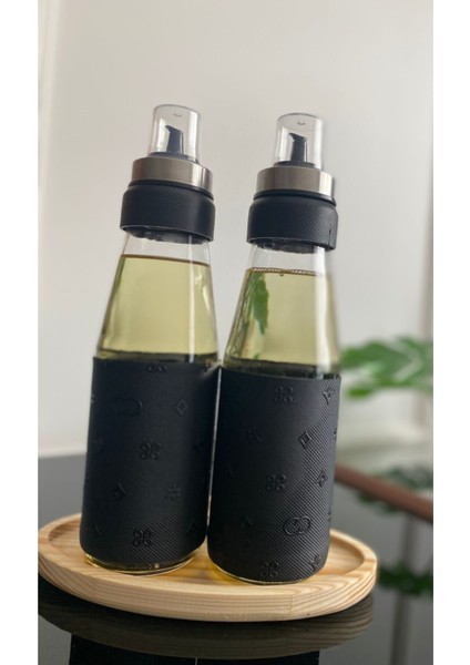 Deri Kılıflı Damlatmaz Akıllı Ahşap Standlı 3 Parça Cam Yağlık Seti - 750 ml