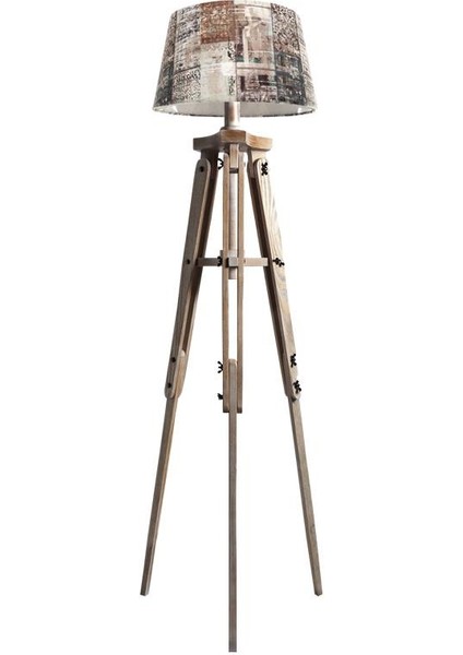 Piega Tripod Lambader Abajur Köşe Lambası Aydınlatma Ahşap Fosil Eskitme Ağaç Country Masif Doğal