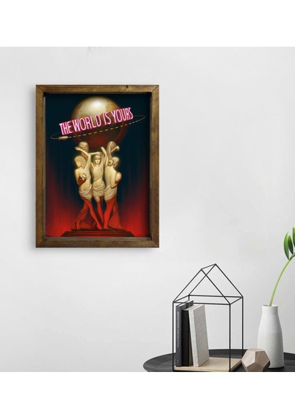 Gift The World Is Yours Tasarımlı Doğal Masif Ahşap Çerçeveli Tablo 45X65CM-1