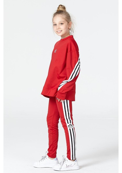 Kız Çocuk Tayt-Sweat Takımı Salaş Yırtmaçlı Şerit Detaylı