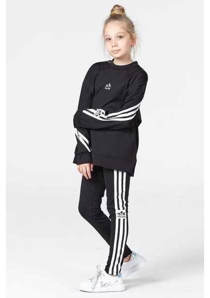 Kız Çocuk Tayt-Sweat Takımı Salaş Yırtmaçlı Şerit Detaylı