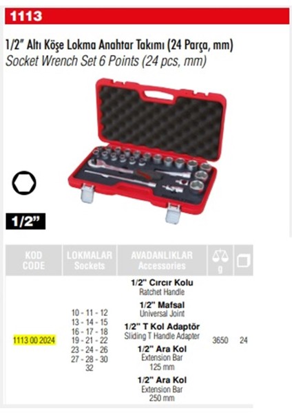 Izeltaş 1/2" 24 Parça Altı Köşeli Lokma Anahtar Takımı 1113002024
