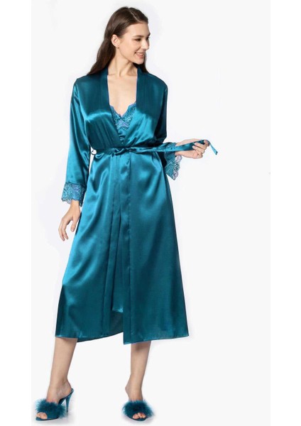 2'li 4370 Zümrüt Bayan Saten Gecelik Sabahlık Takımı modelleri