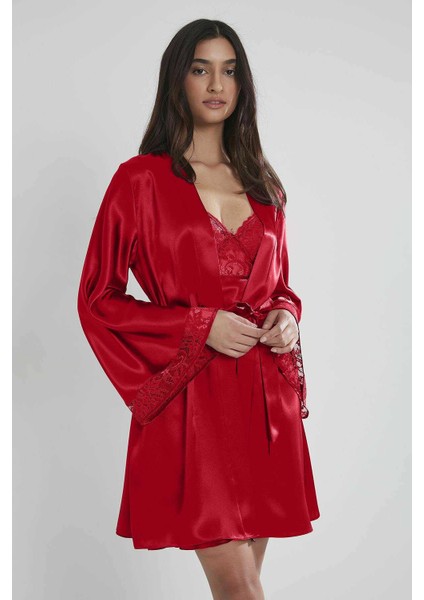 2'li 4090 Kırmızı Bayan Saten Gecelik Sabahlık Takımı