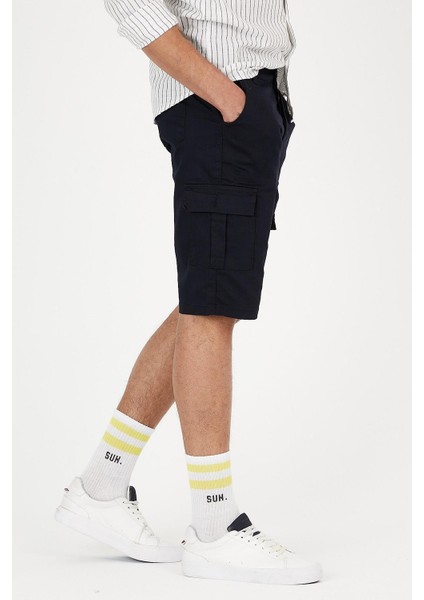 Erkek Lacivert Kargo Kapri Slim Fit Cepli Şort