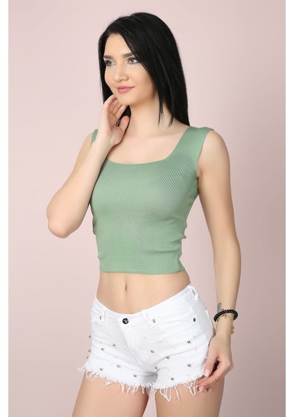 Su Yeşili Kare Yaka Likralı Fit Triko Kadın Crop Bluz