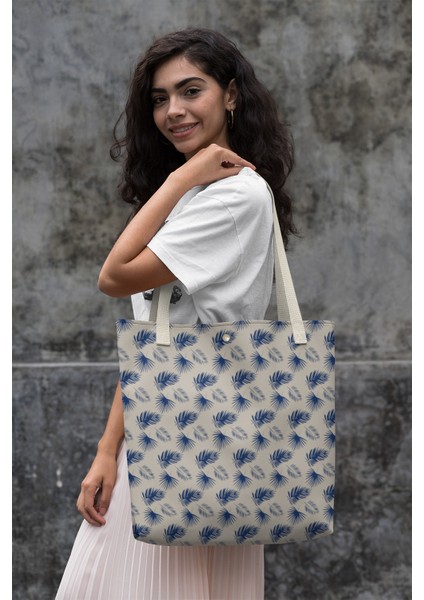 Bez Çanta Ham Keten Üzerine Lacivert Yaprak Desenli Kanvas