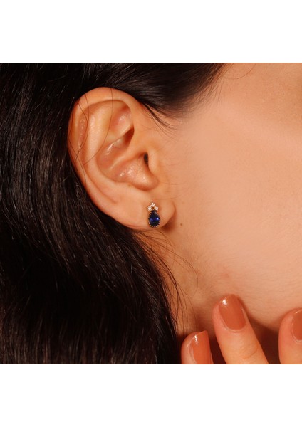 Adil Idil Kuyumculuk Taş Detaylı Mavi Renk Su Damlası Küpe