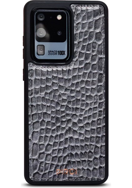 Samsung S20 Ultra Bubble Croco Dokulu Deri Kılıf Gri