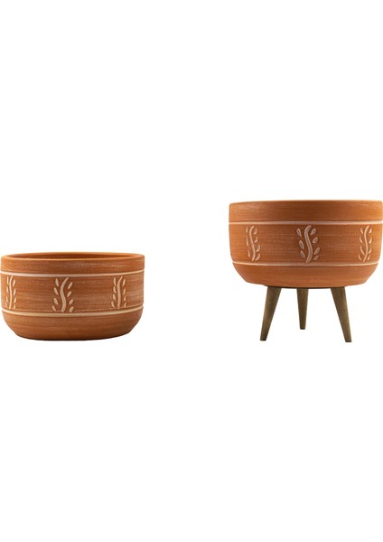 Terakota Nakış Desenli Toprak Aranjman ve Bonzai Saksı Ayaksız ve 3 Ayaklı İkili Set