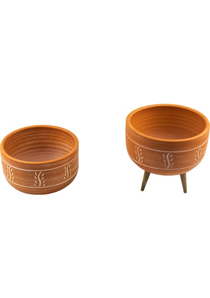 Terakota Nakış Desenli Toprak Aranjman ve Bonzai Saksı Ayaksız ve 3 Ayaklı İkili Set modelleri