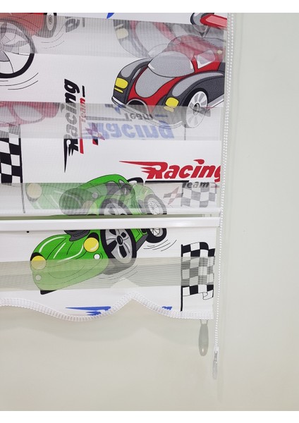 Racing Team Arabalı Baskılı Çocuk Odası Zebra Stor Perde